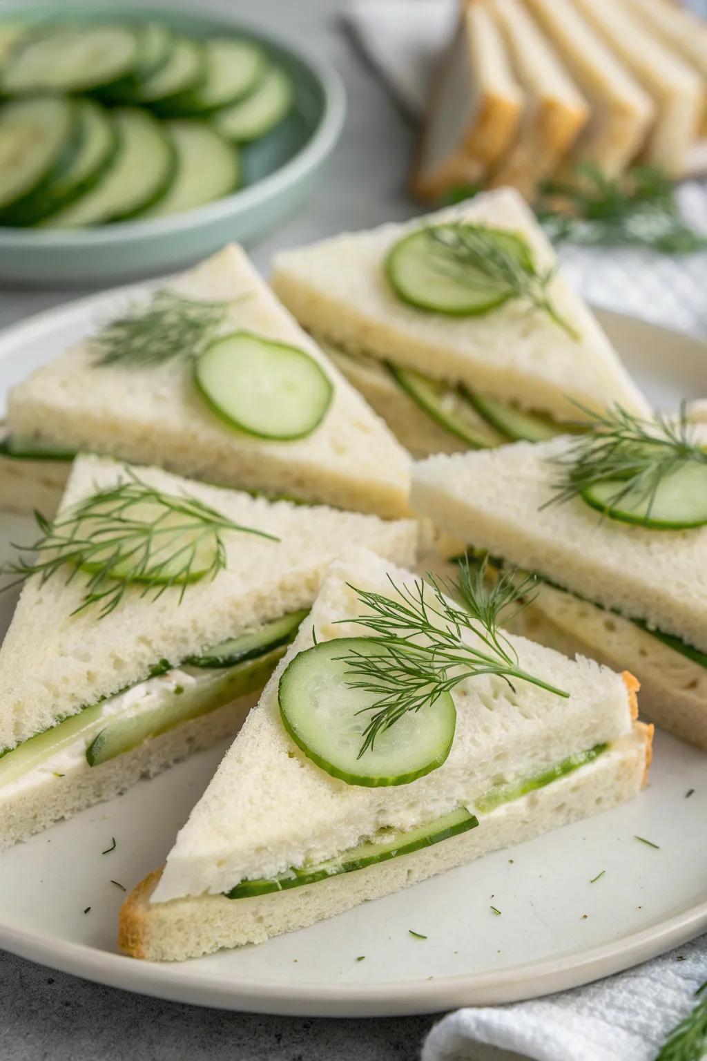 Classic cucumber sandwiches with a hint of dill for a refreshing picnic snack.