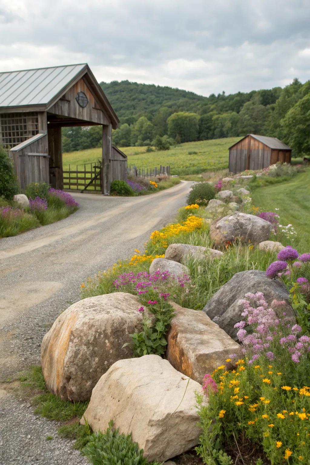 Natural stones add rugged beauty to the entrance.