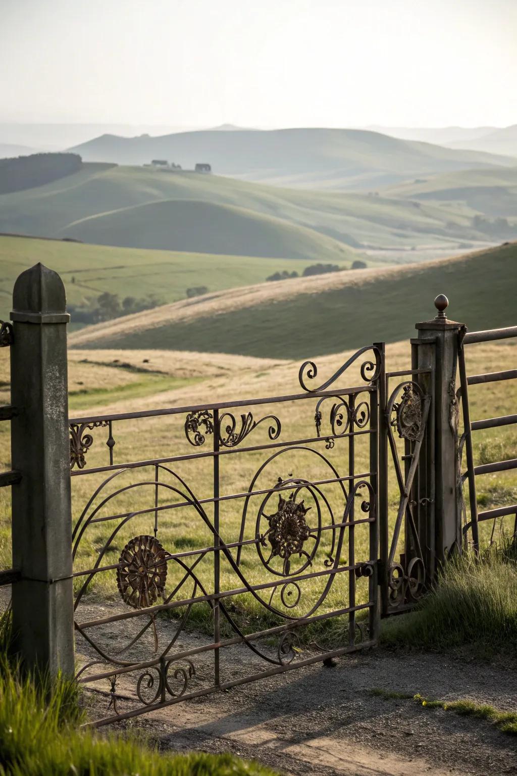 Intricate metalwork transforms the gate into a piece of art, enhancing the farm's aesthetic.