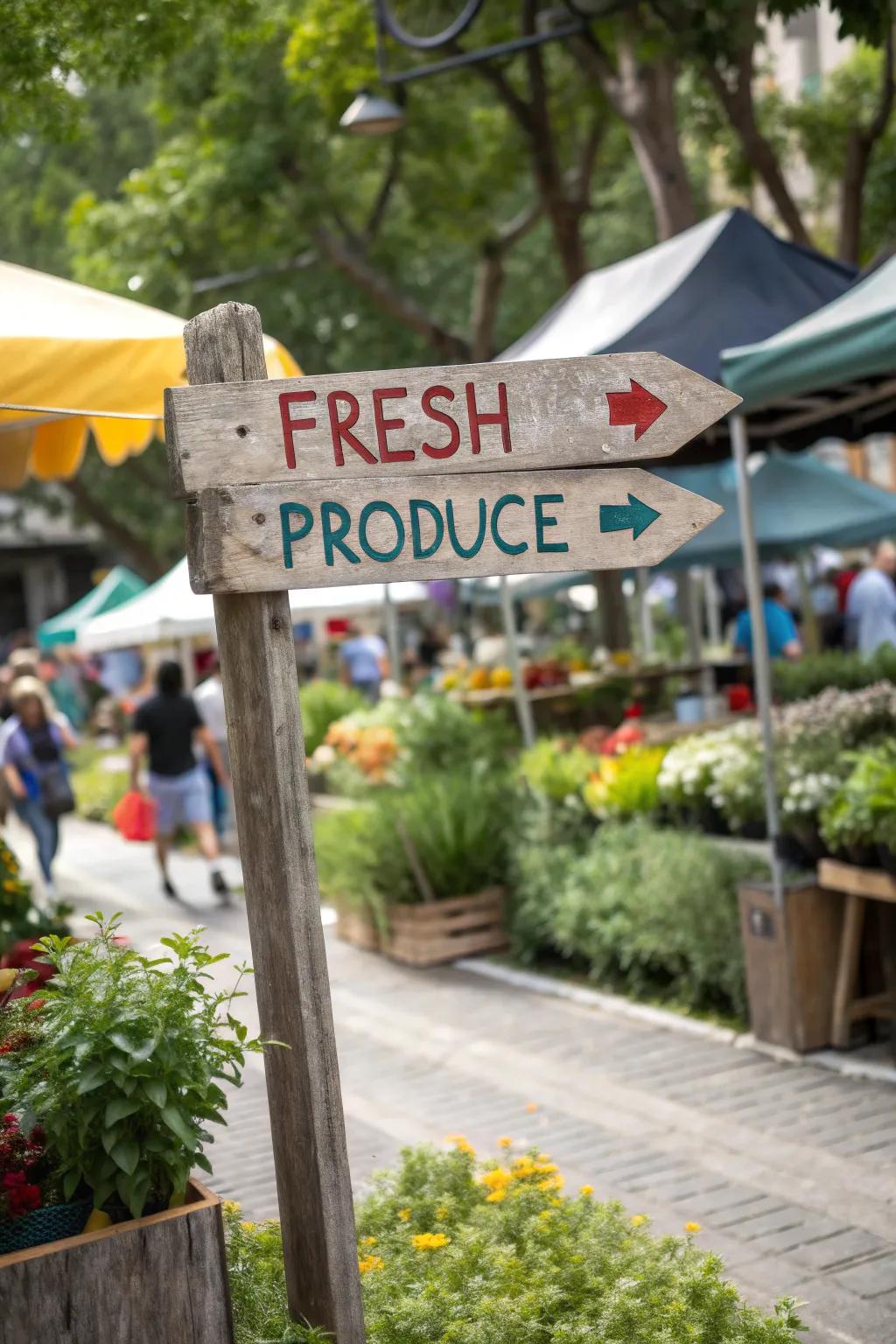 Directional signs guide visitors to various farm stand sections.