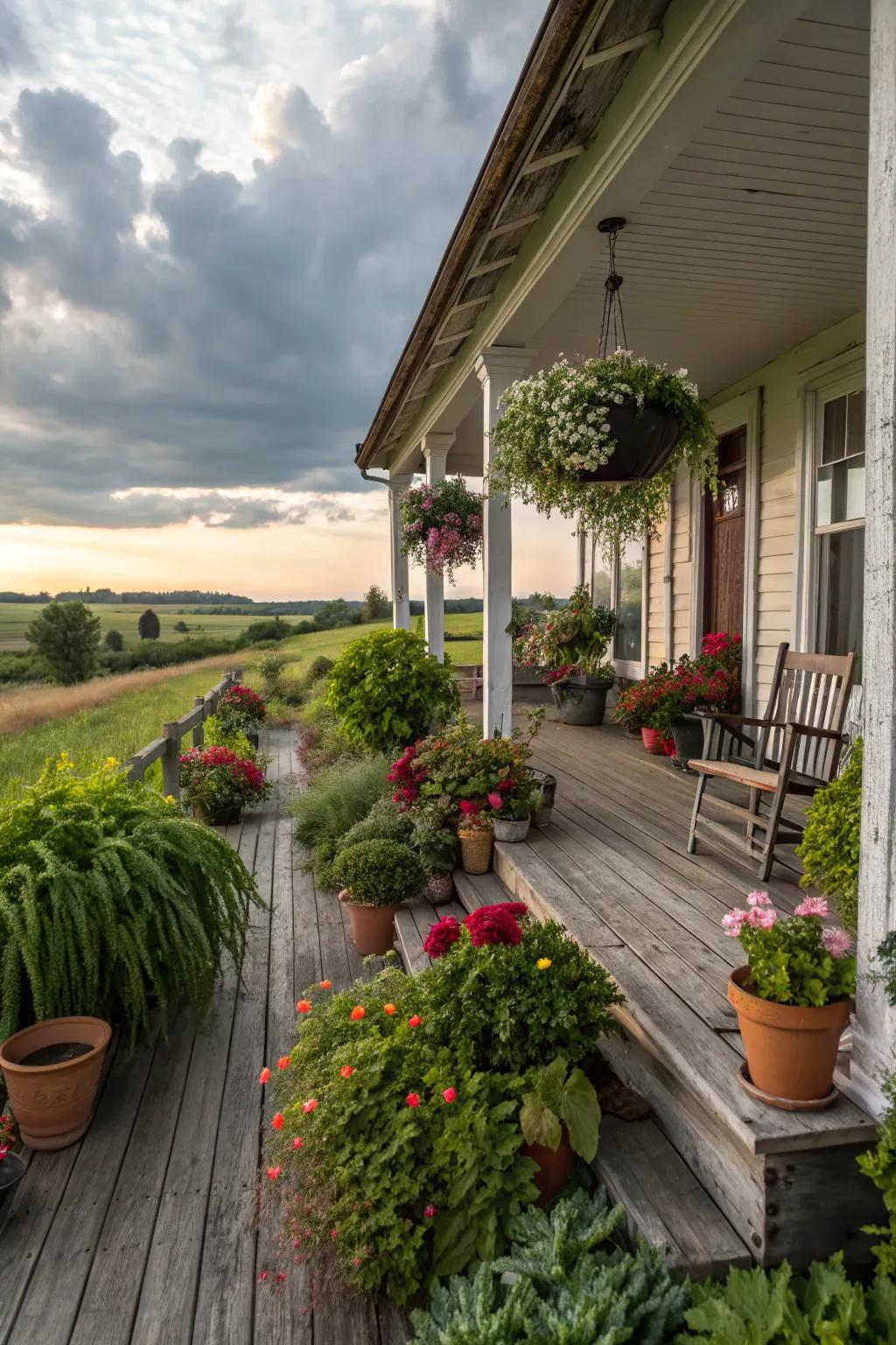 Lush greenery brings vibrancy to your farmhouse porch.