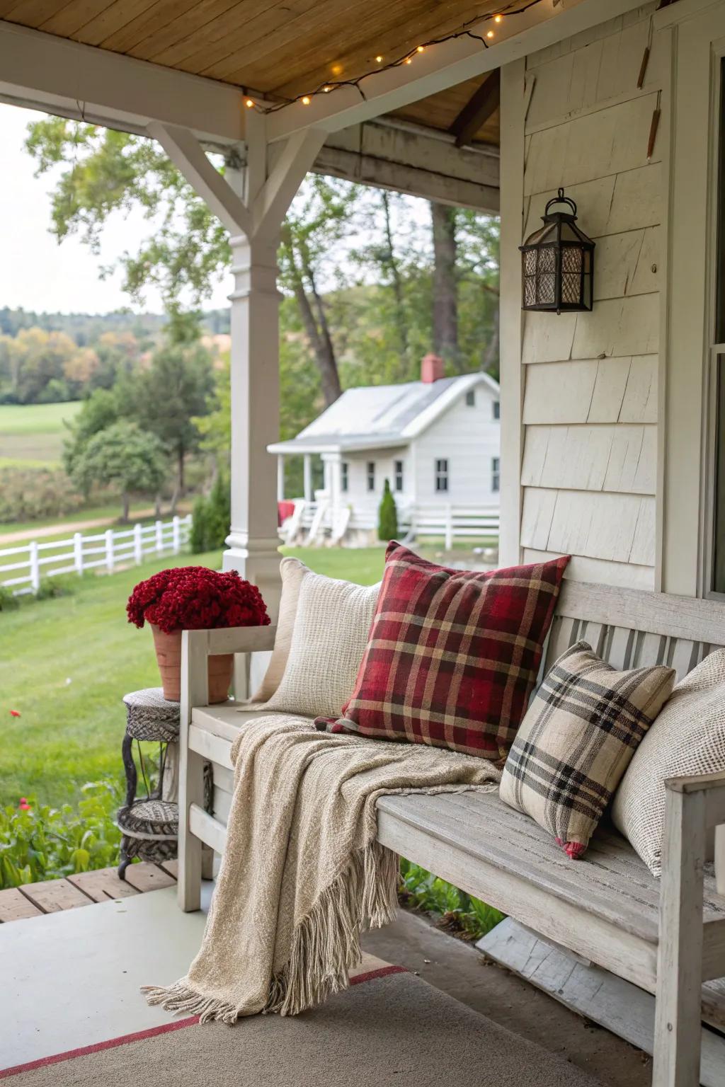 Plaid patterns add warmth and texture to your porch seating.