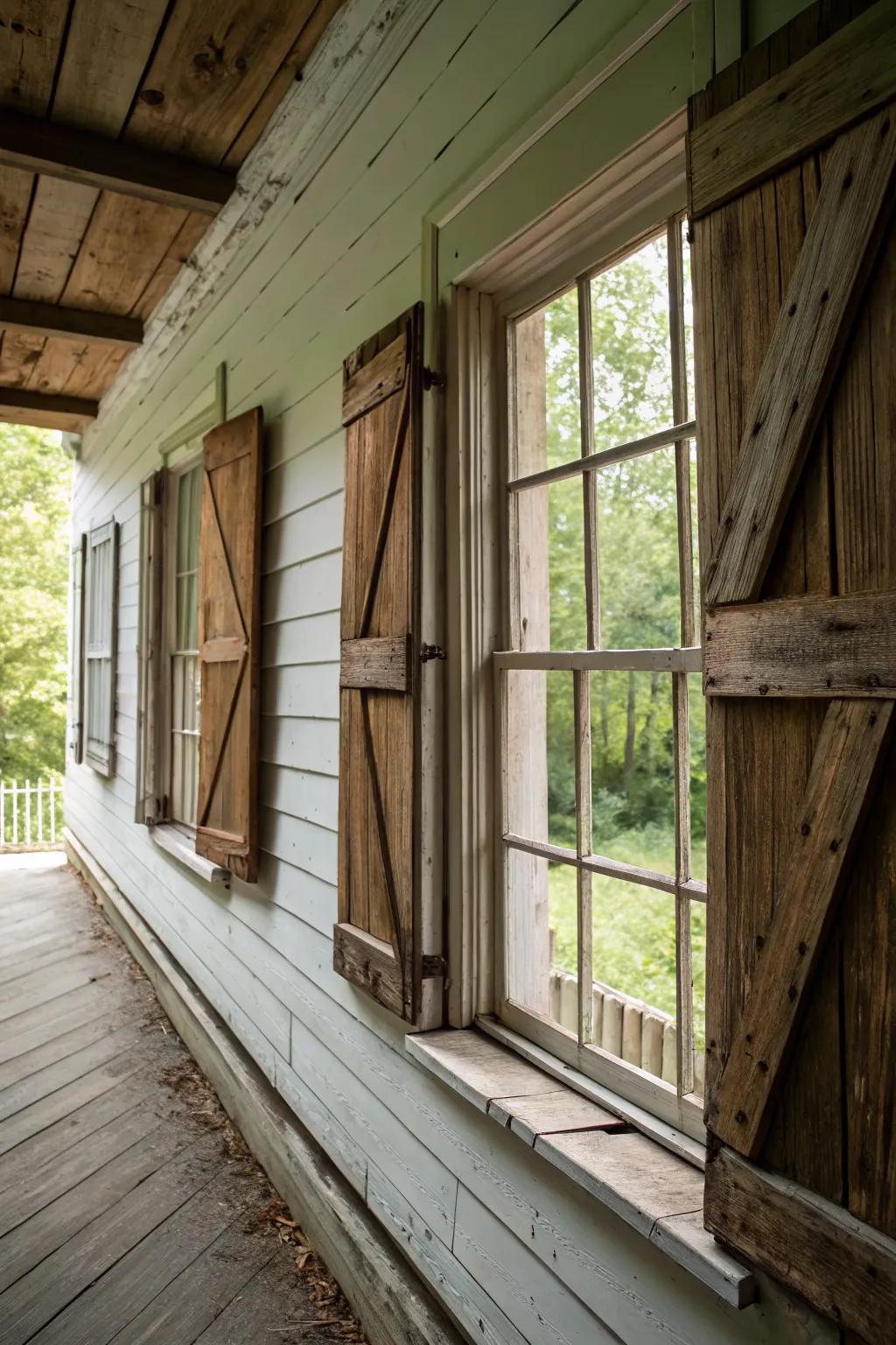 Wooden shutters add a timeless charm to farmhouse windows.