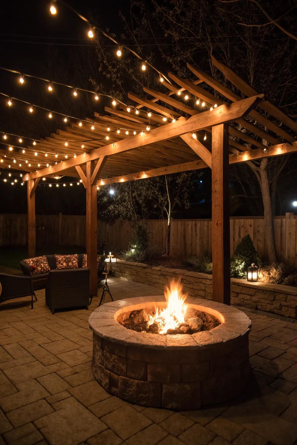 A cozy fire pit beneath a charming pergola.