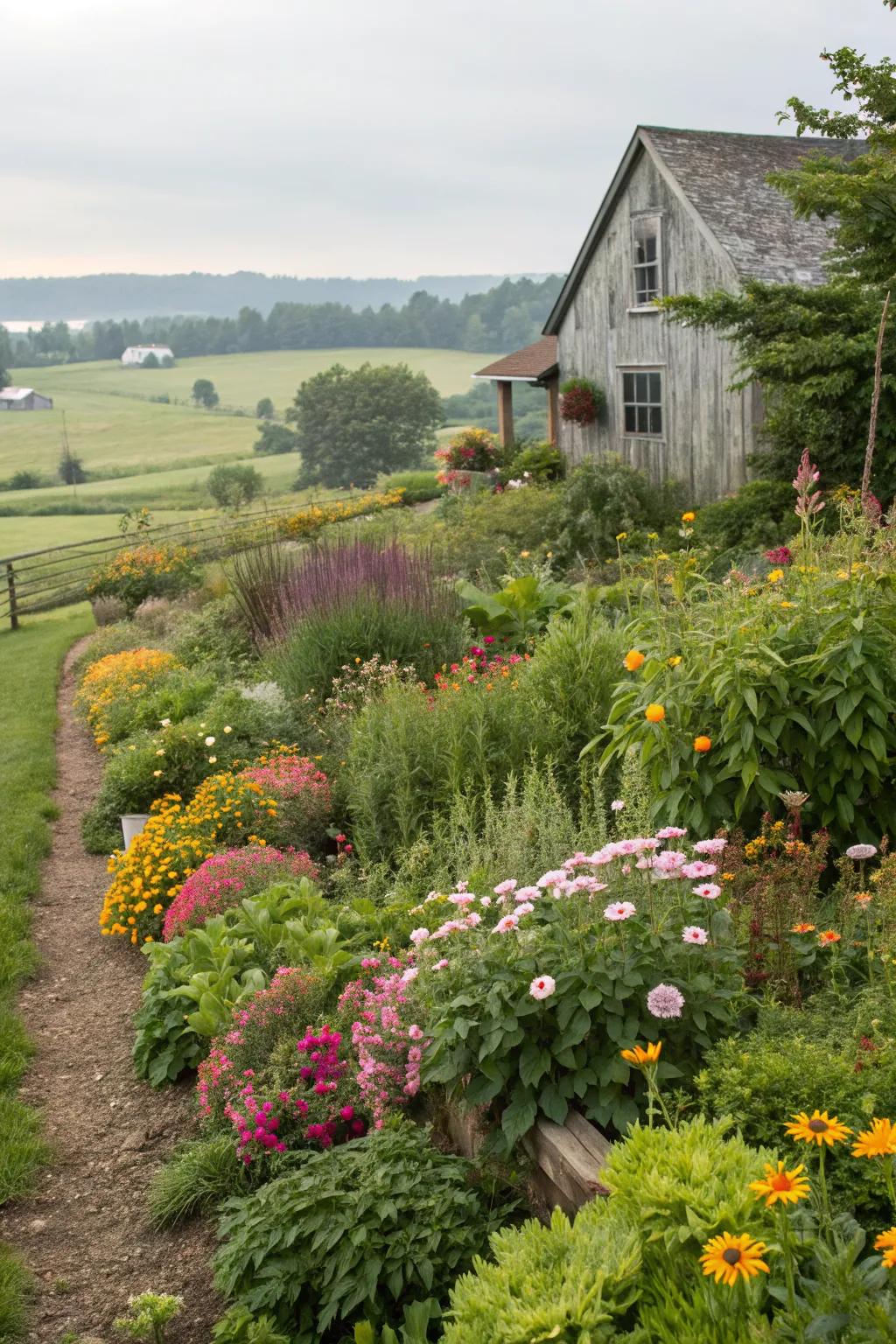 A diverse mix of seasonal blooms, perennials, and greenery keeps this flower bed vibrant year-round.