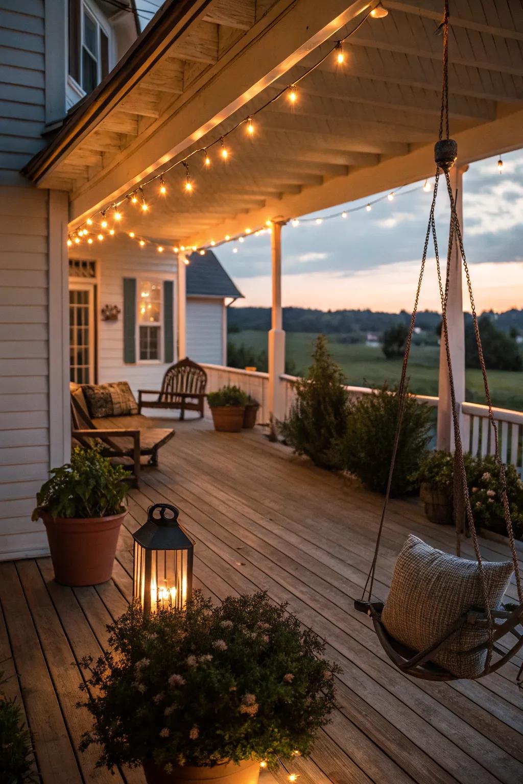 Warm lighting creates an inviting and cozy atmosphere on your porch.