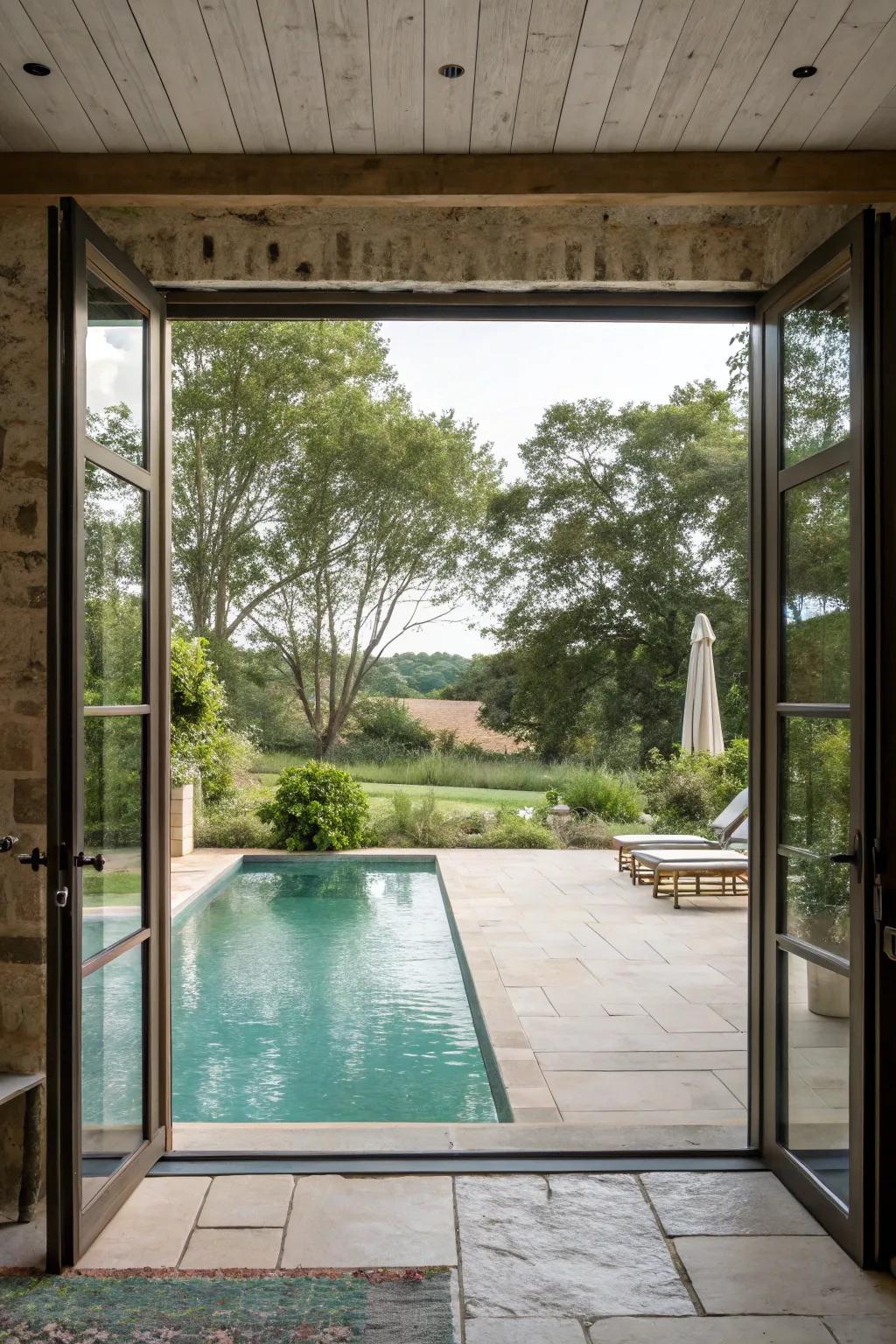 Seamless transitions enhance the farmhouse pool experience.