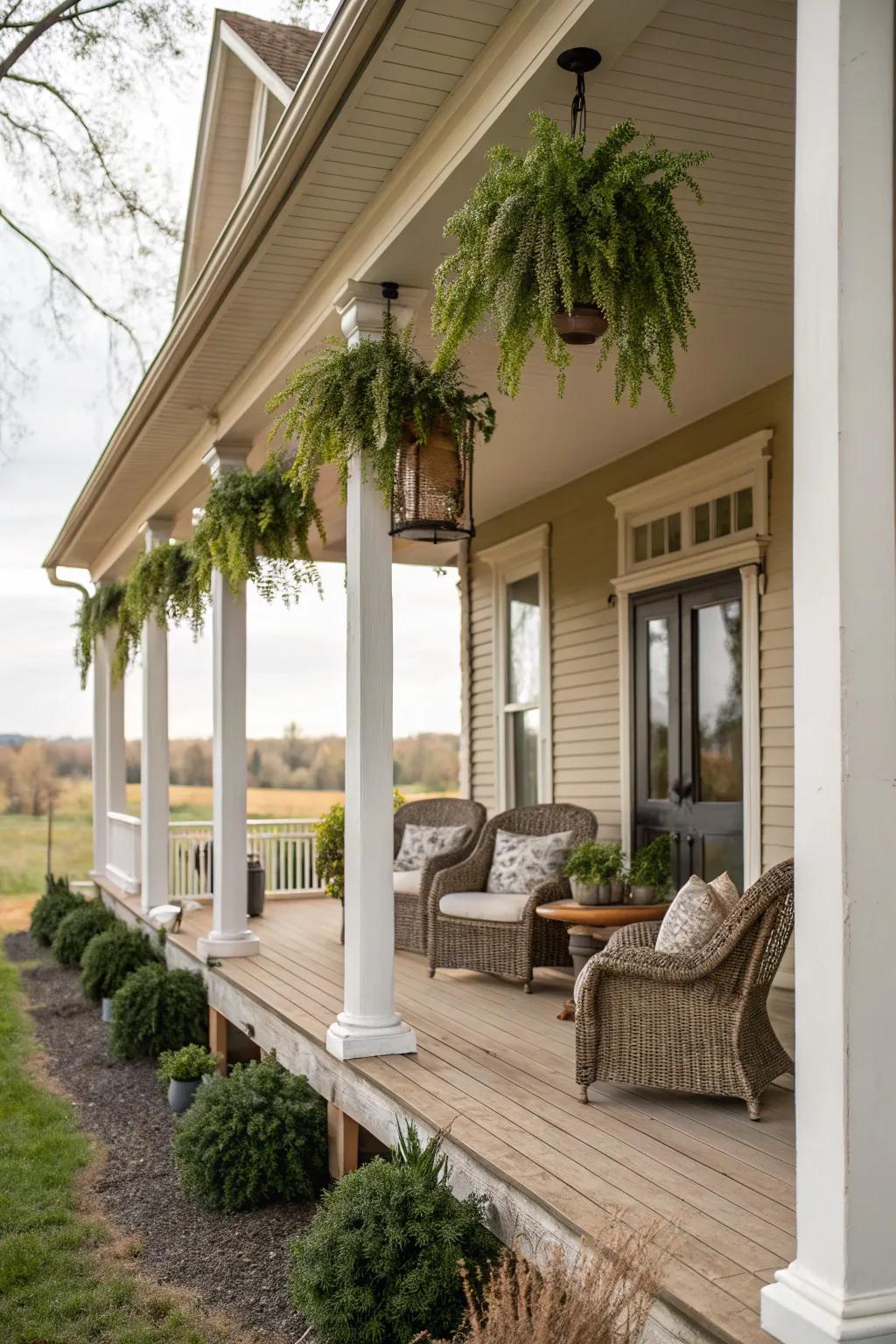 A wrap-around porch with columns creates a spacious and inviting area.