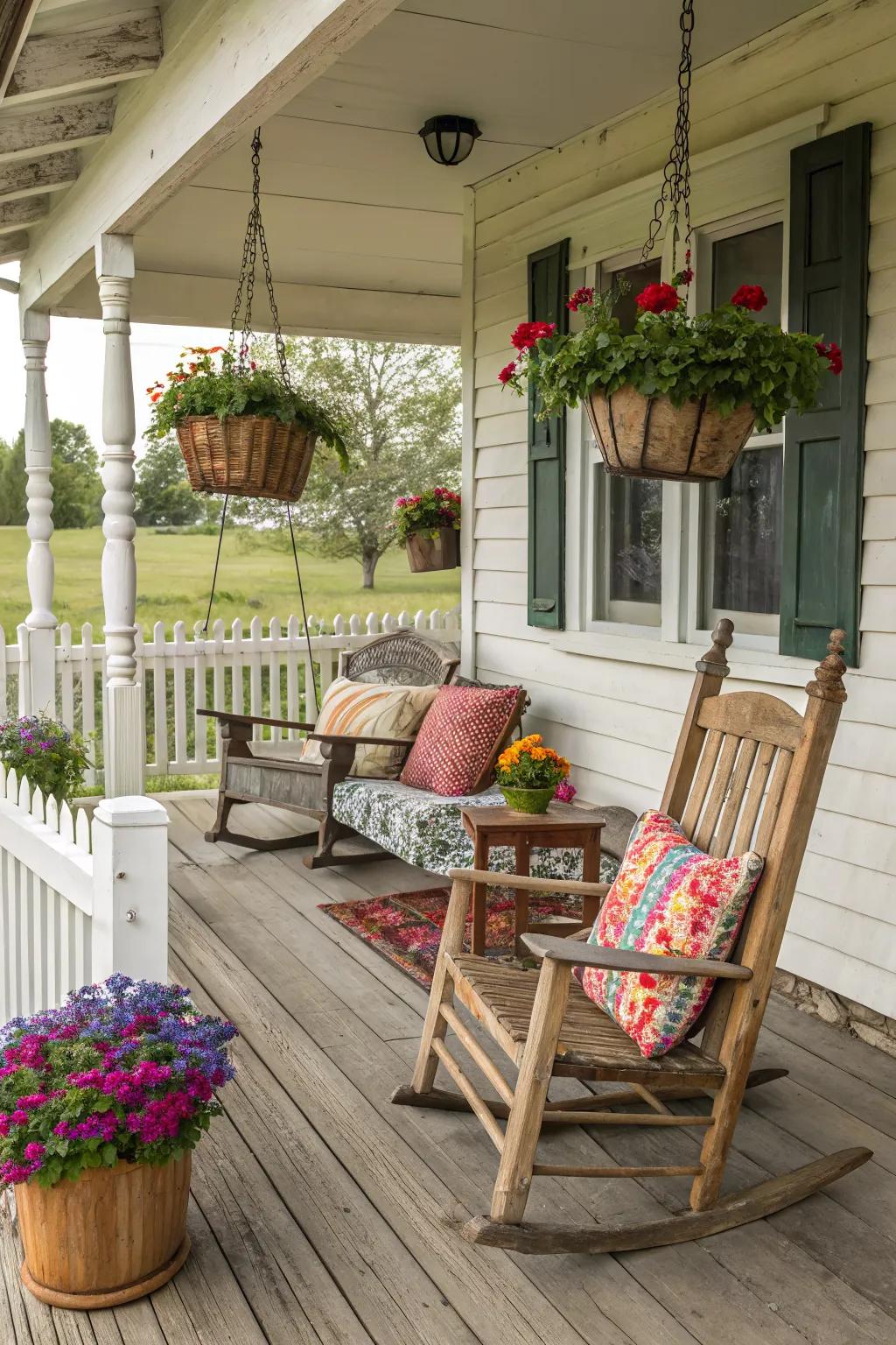 Wood accents enhance the rustic charm of your farmhouse porch.