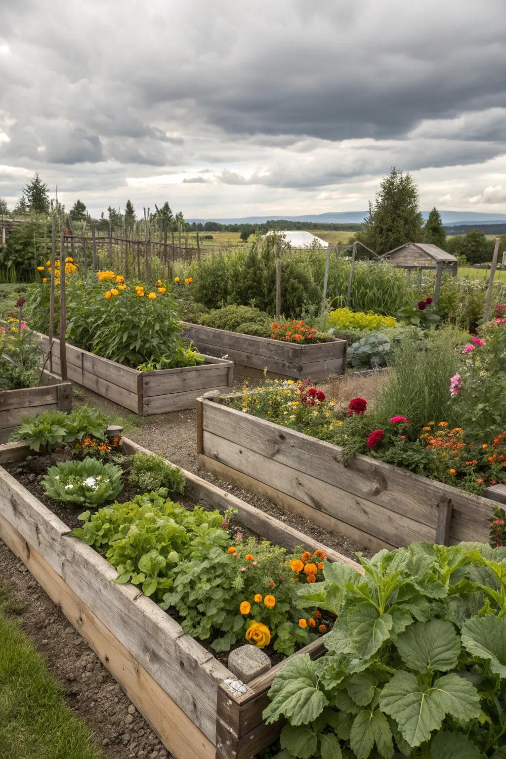 Raised garden beds adding structure and style to the garden.