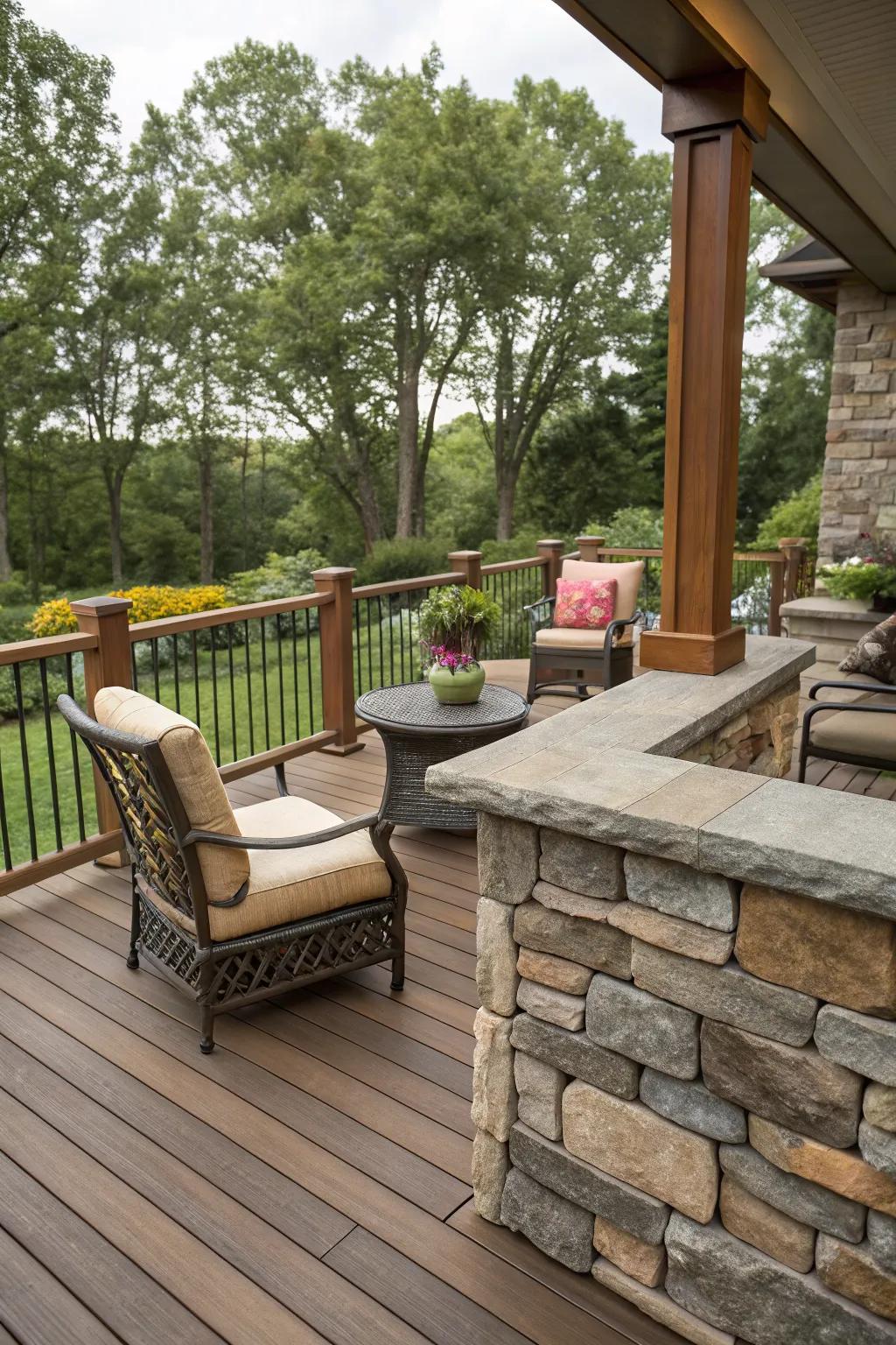 Combining materials like stone and wood can create a warm and inviting deck area.
