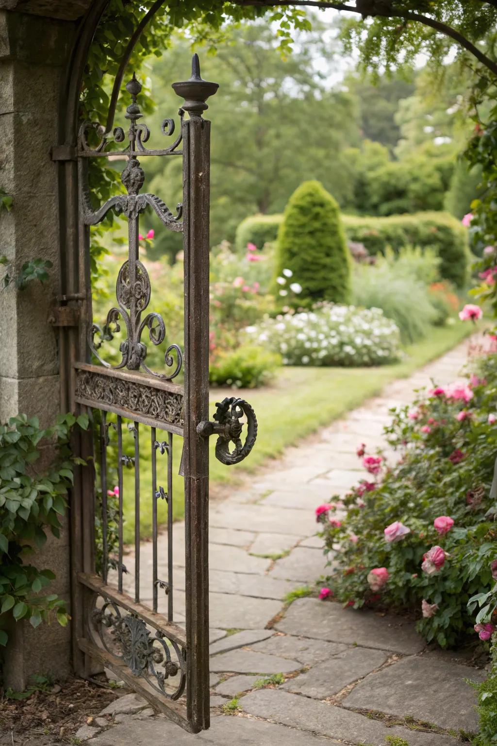 Vintage iron latches bring timeless elegance to garden gates.
