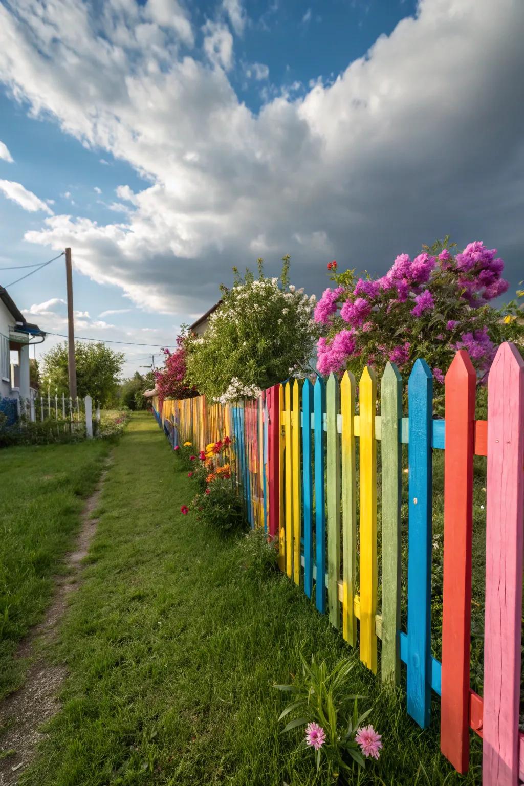 Vividly painted fence posts that add a colorful touch.
