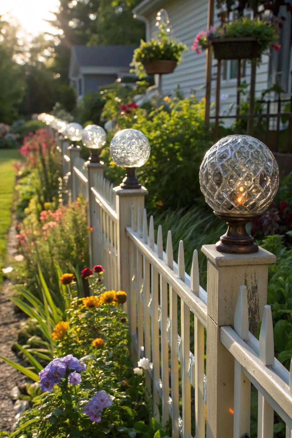Glass globe toppers reflecting sunlight in a vibrant garden.