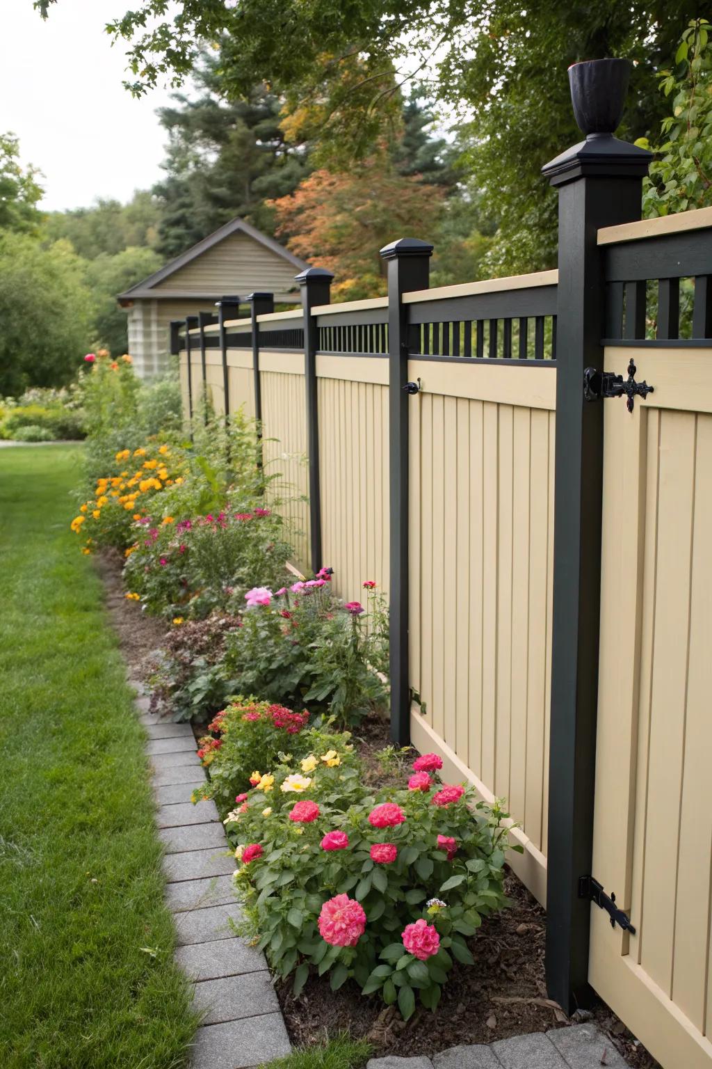 A light beige stained fence brightens up a garden with contrasting dark trim and vibrant flowers.