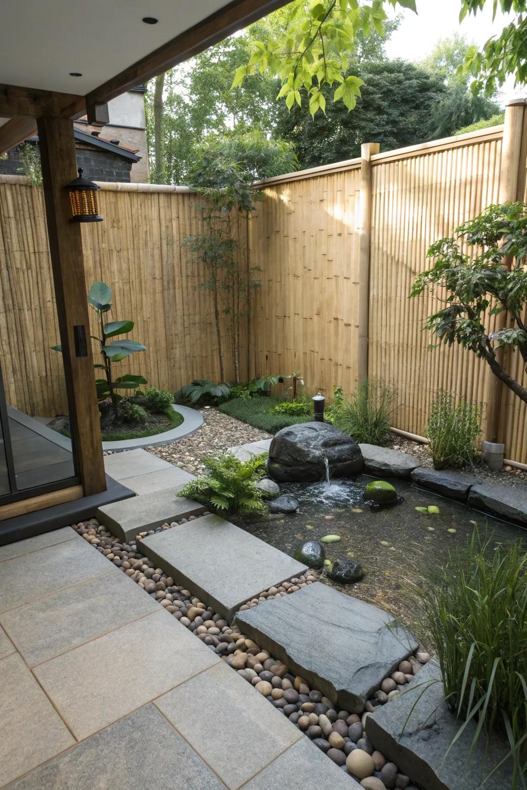 Exotic and serene patio enclosed by sustainable bamboo fencing.