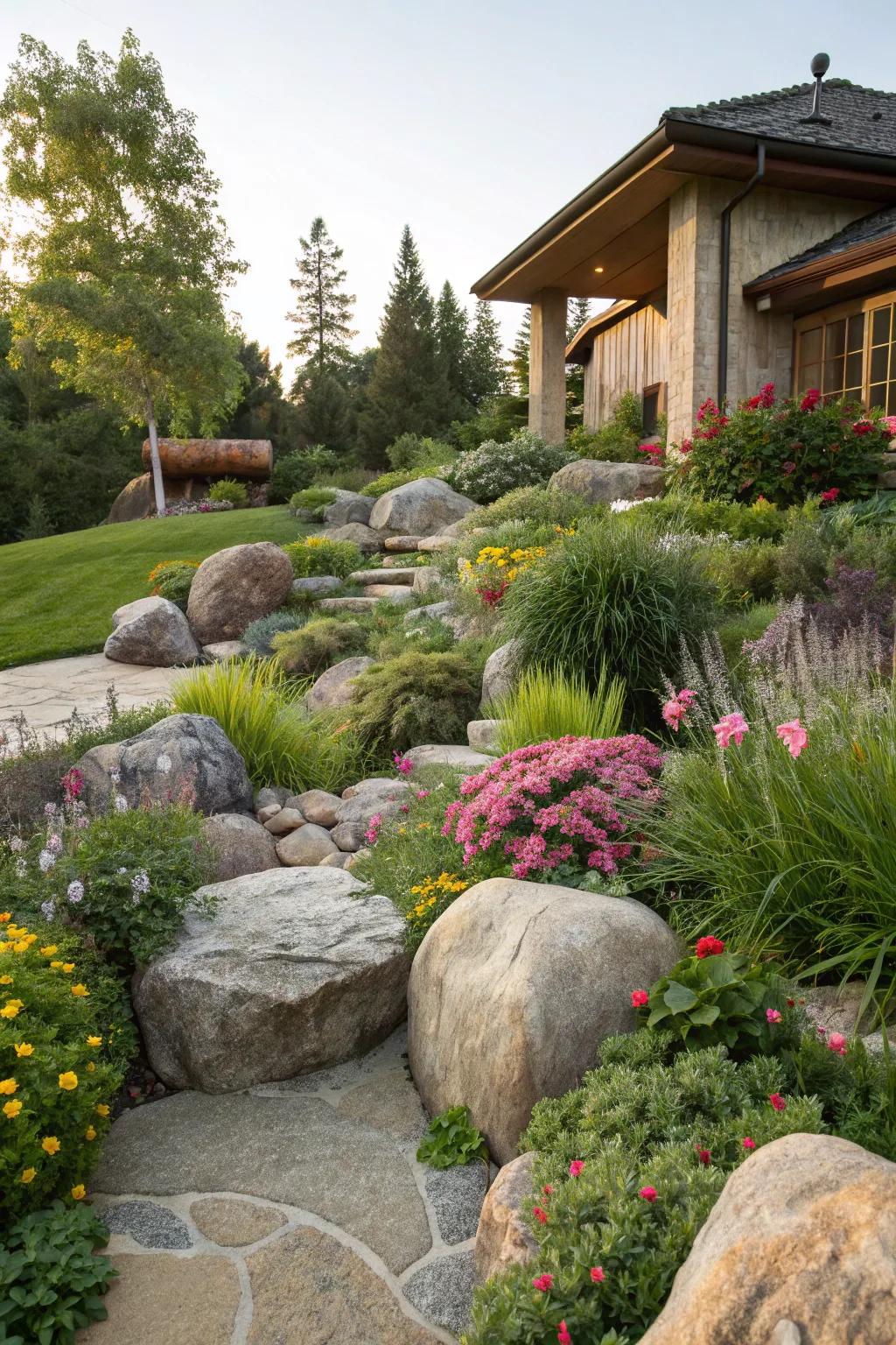 Rocks and stones add grounding and stability to a garden.