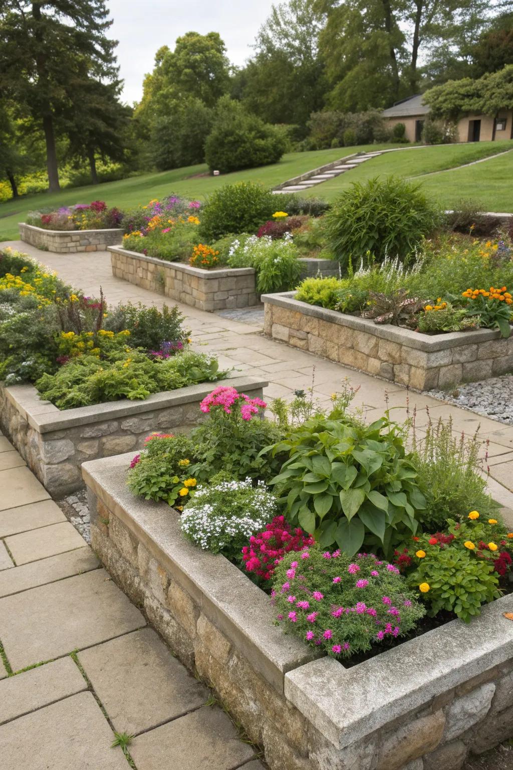 Raised fieldstone beds spotlight your garden's vibrant flora.