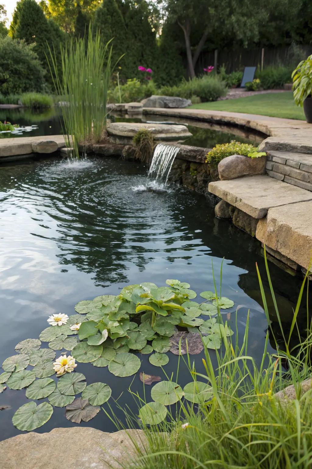A calming water feature in a former pool area.