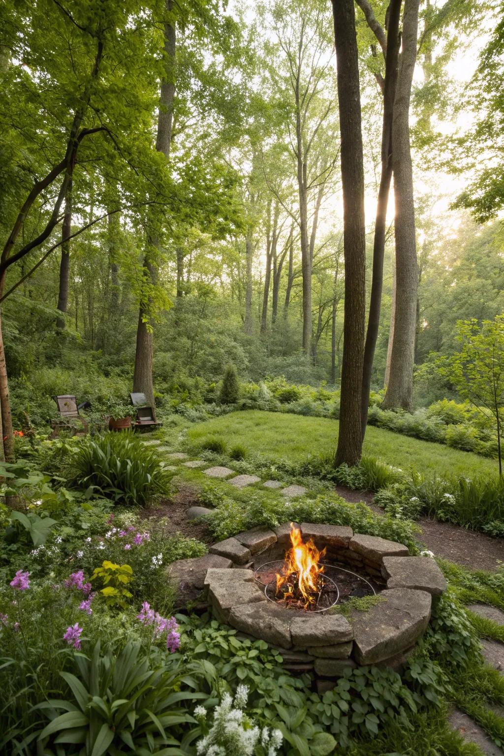 A fire pit embraced by a lush woodland setting.