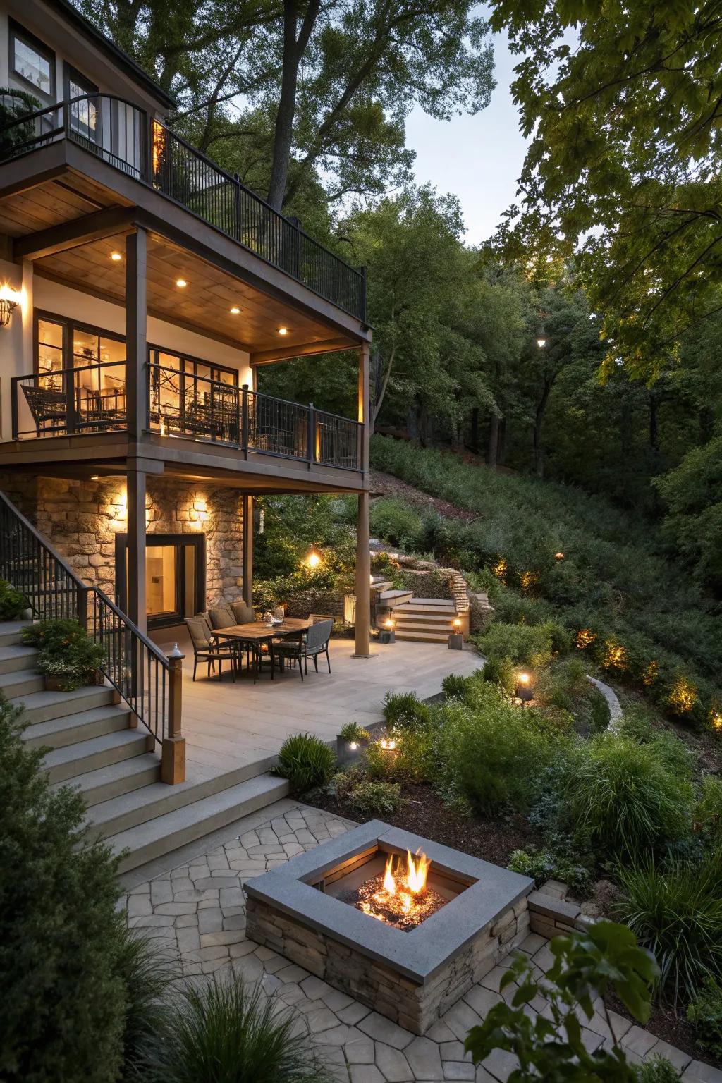 Multi-level patio with distinct areas for dining and lounging.