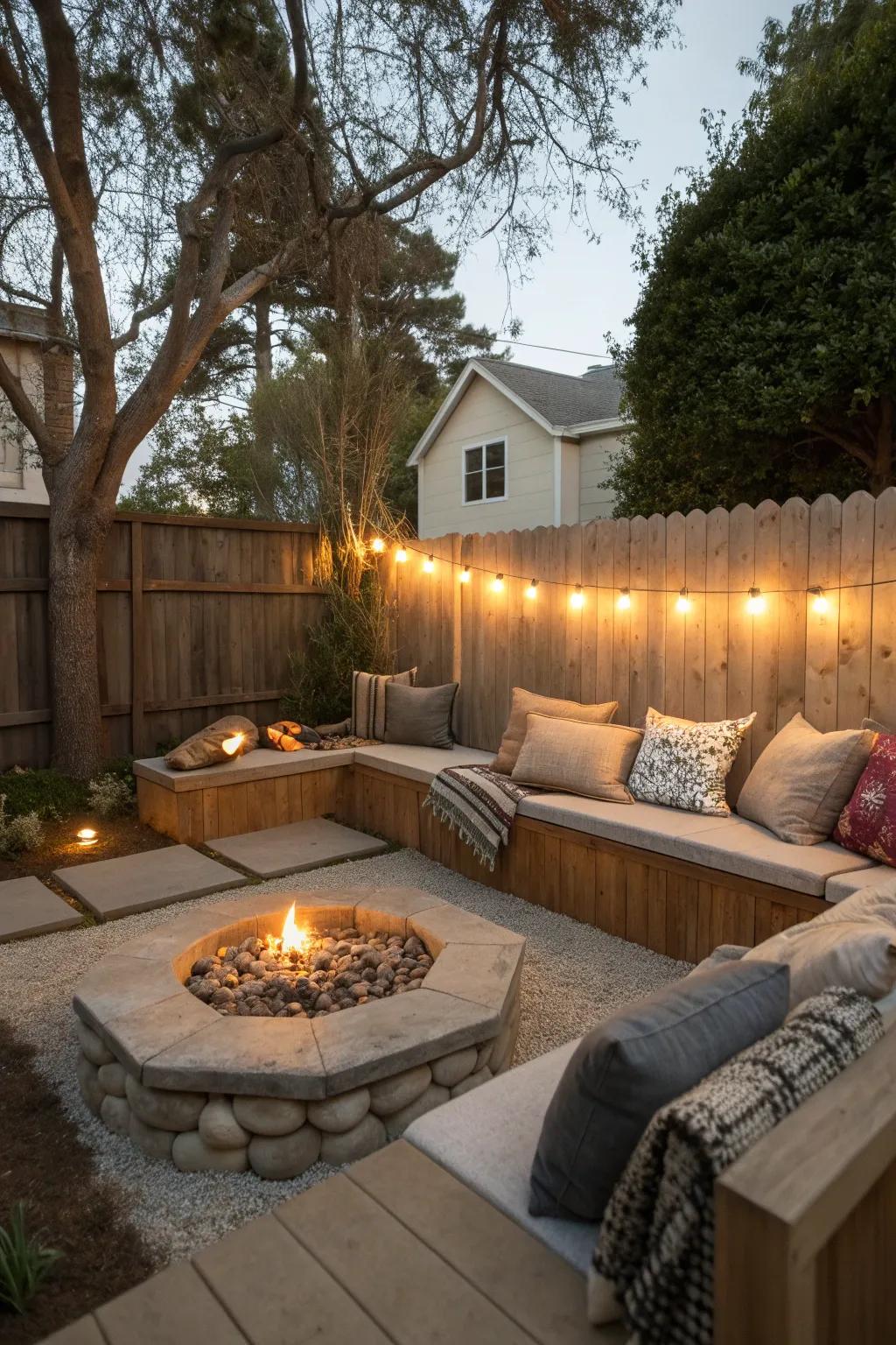 A cozy corner nook with built-in benches and a fire pit for intimate gatherings.