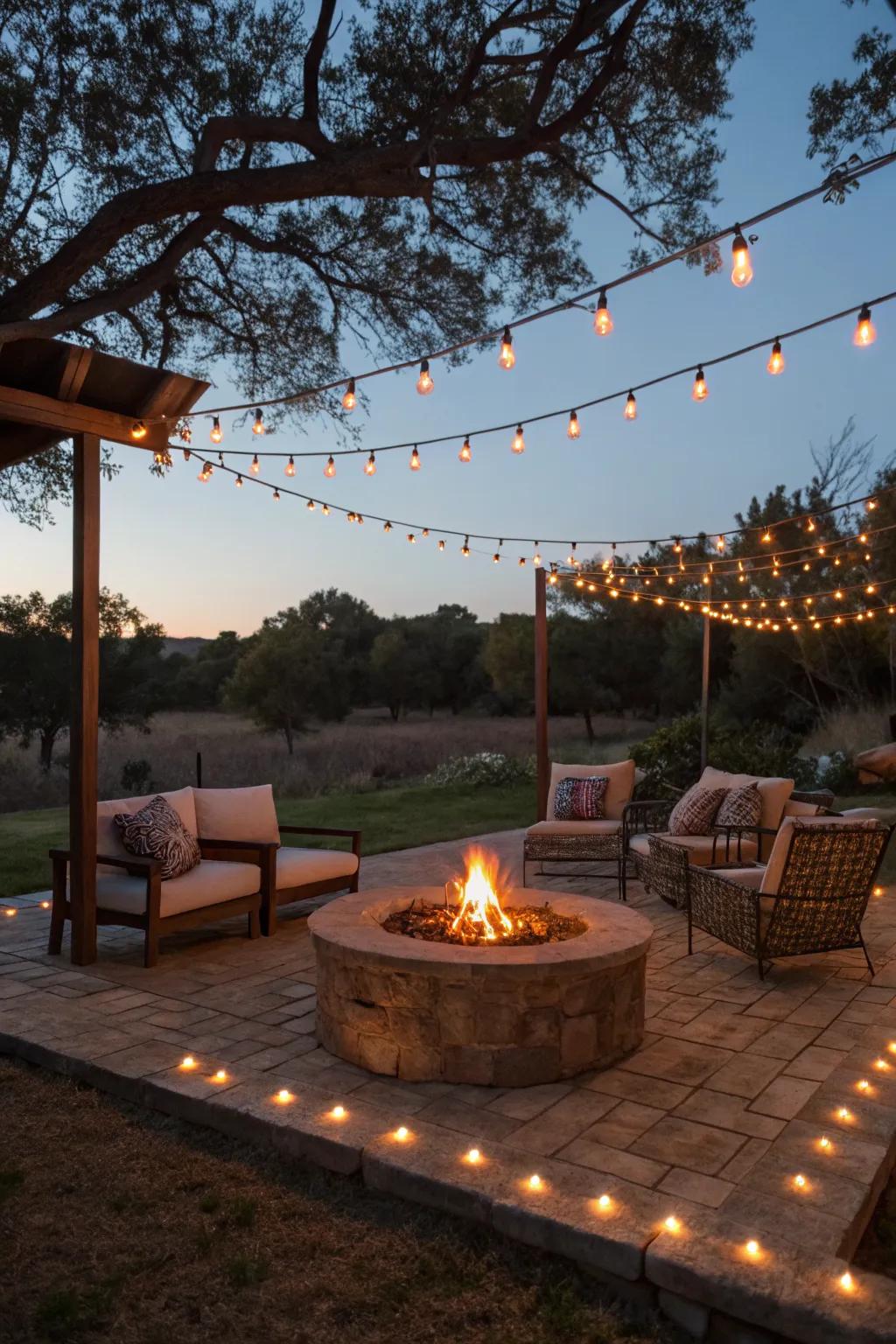 String lights add a magical ambiance to this fire pit area, perfect for evening gatherings.