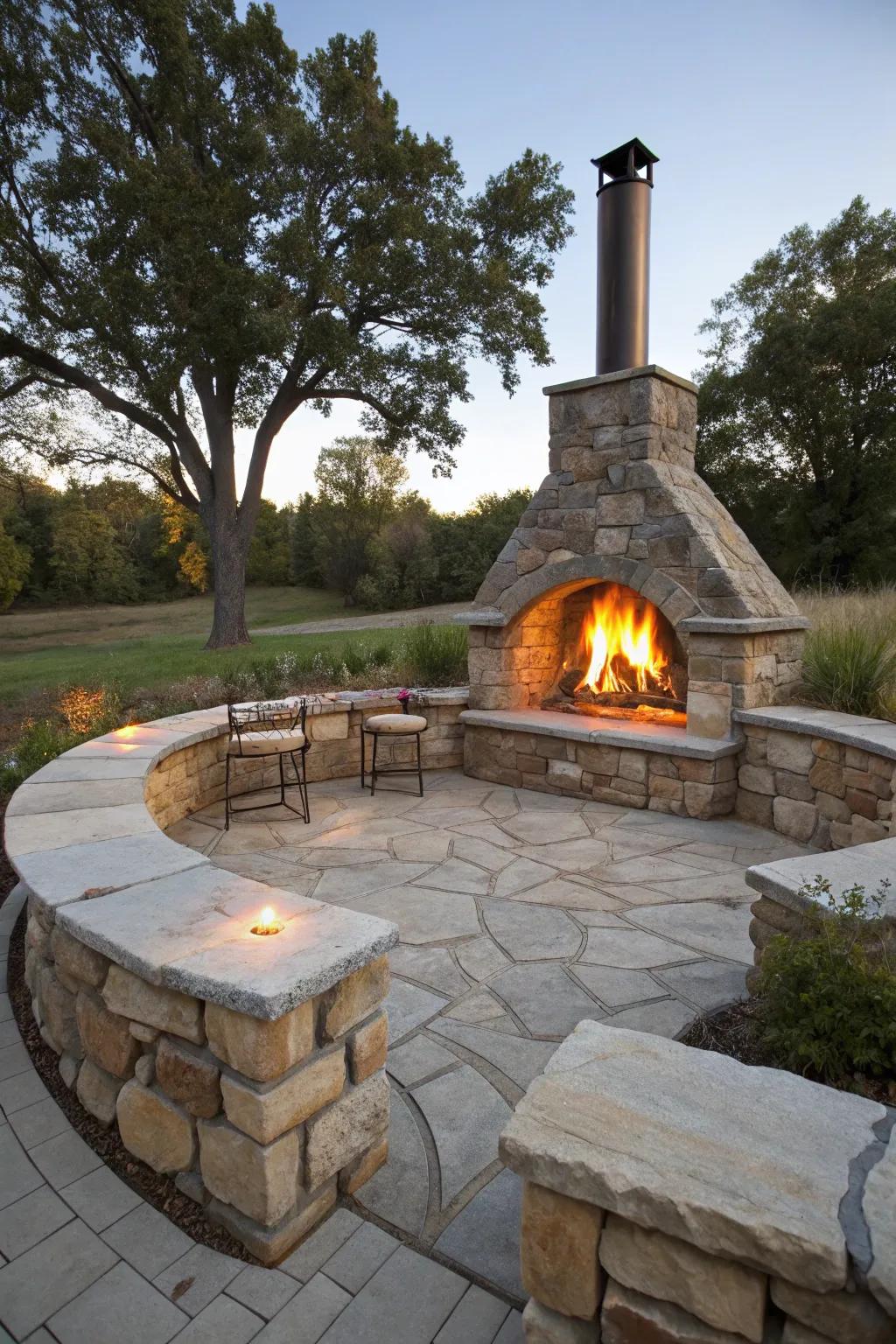 Built-in seating around a fire pit enhances comfort and encourages social gatherings.