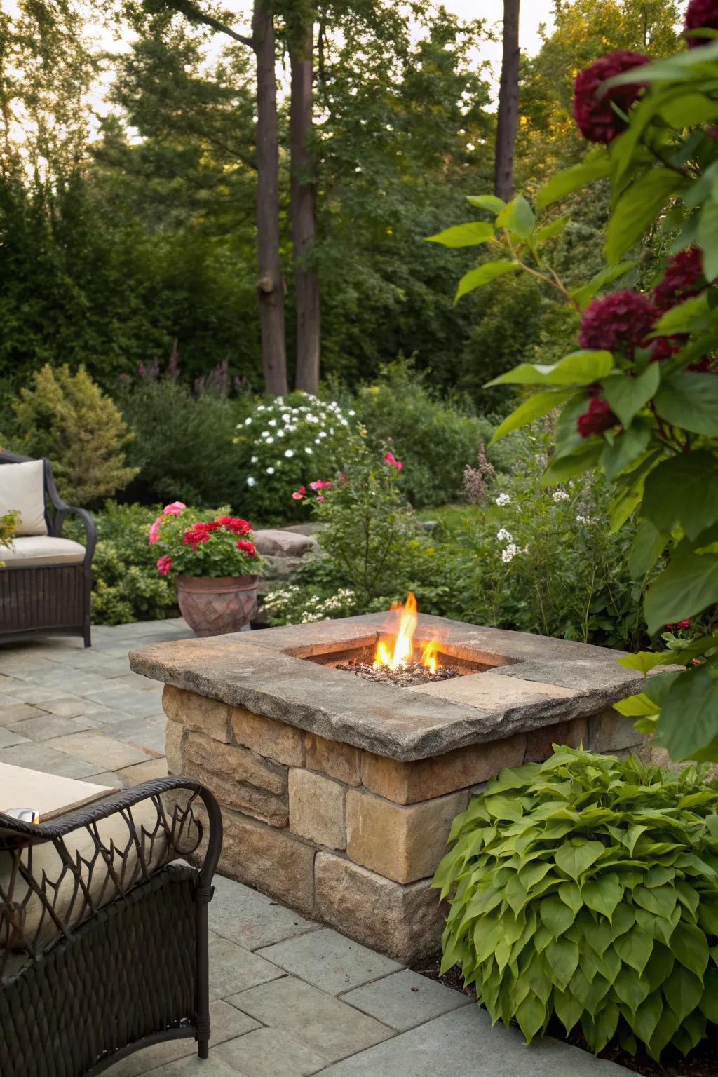 A fire table design that harmoniously integrates with the natural surroundings.