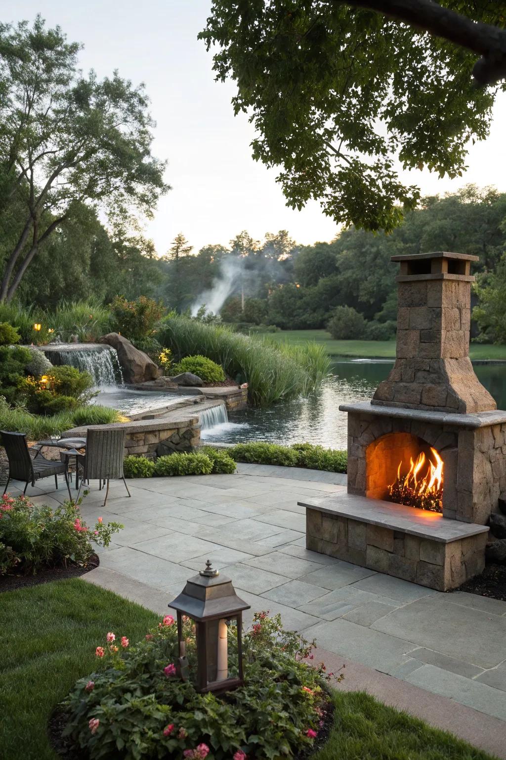 A fireplace paired with a calming water feature for a serene garden atmosphere.