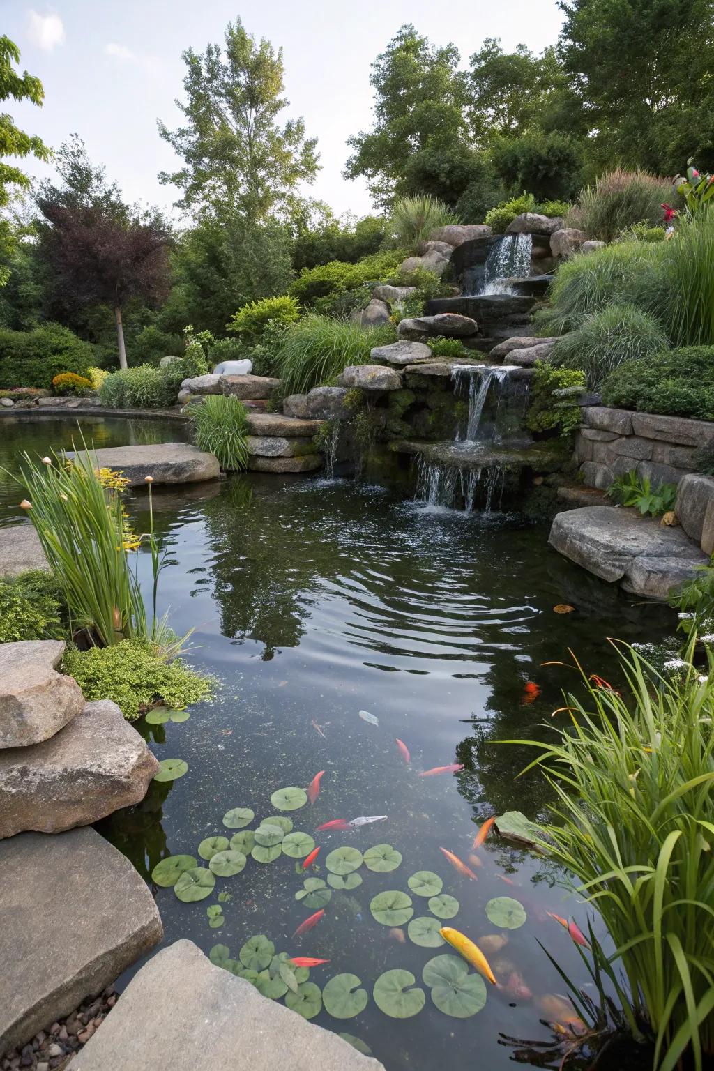 A multi-level pond design adds dimension and interest