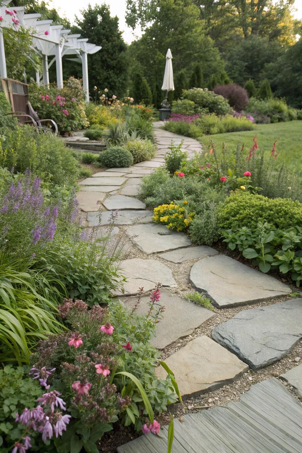 Flagstones nestled within lush plants for a cohesive garden border.