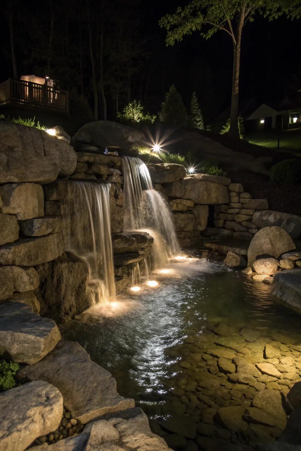 A flagstone waterfall beautifully illuminated at night.
