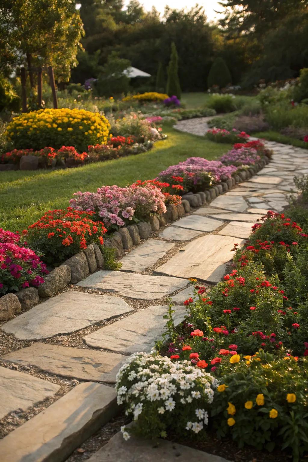 Flat rock borders providing structure to a colorful garden.