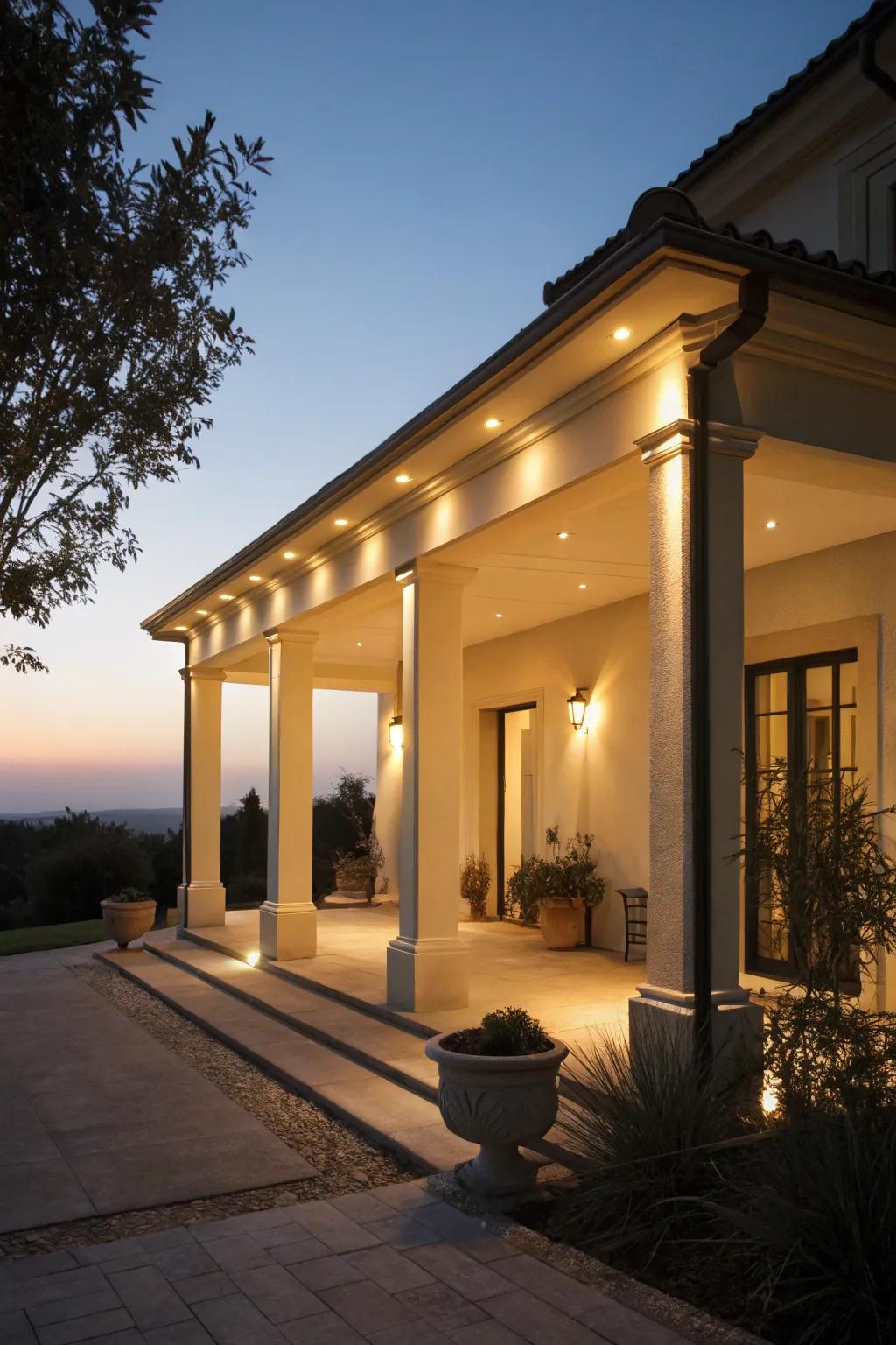 Recessed lighting adds a touch of elegance to this flat roof portico, perfect for evening ambiance.