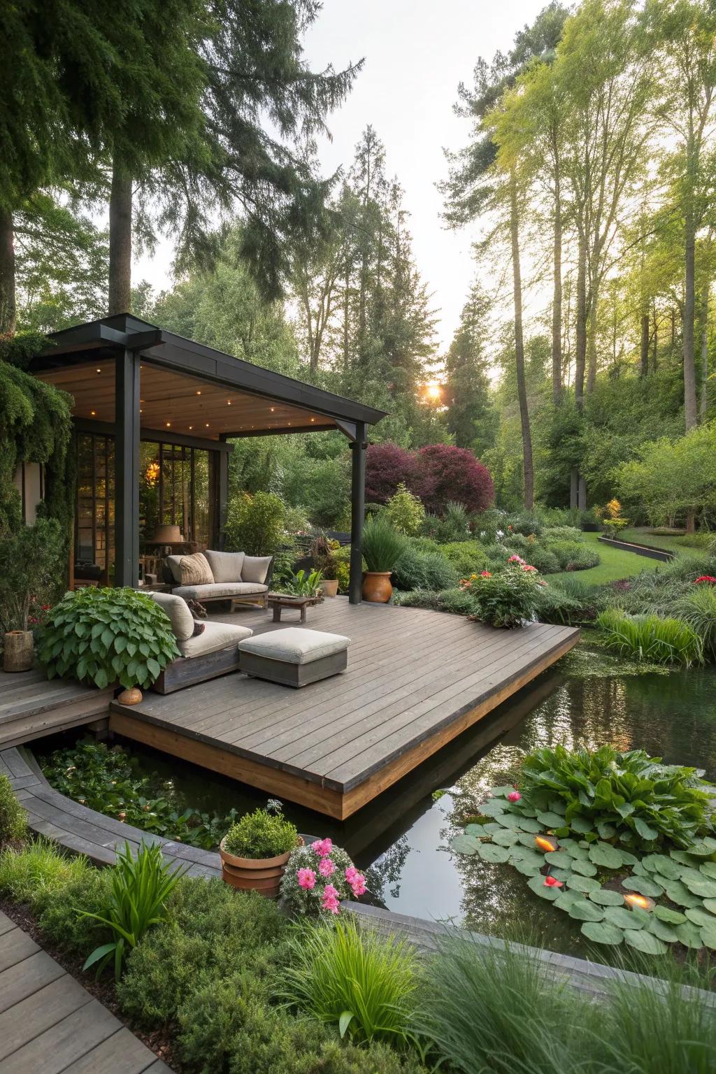 Natural elements enrich this floating patio with vibrant life.