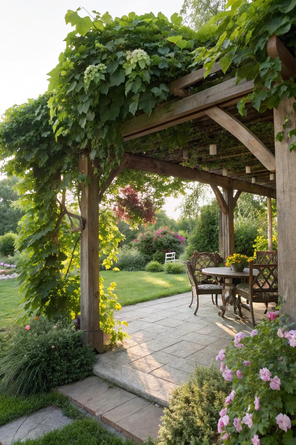 A charming pergola adorned with lush climbing plants.