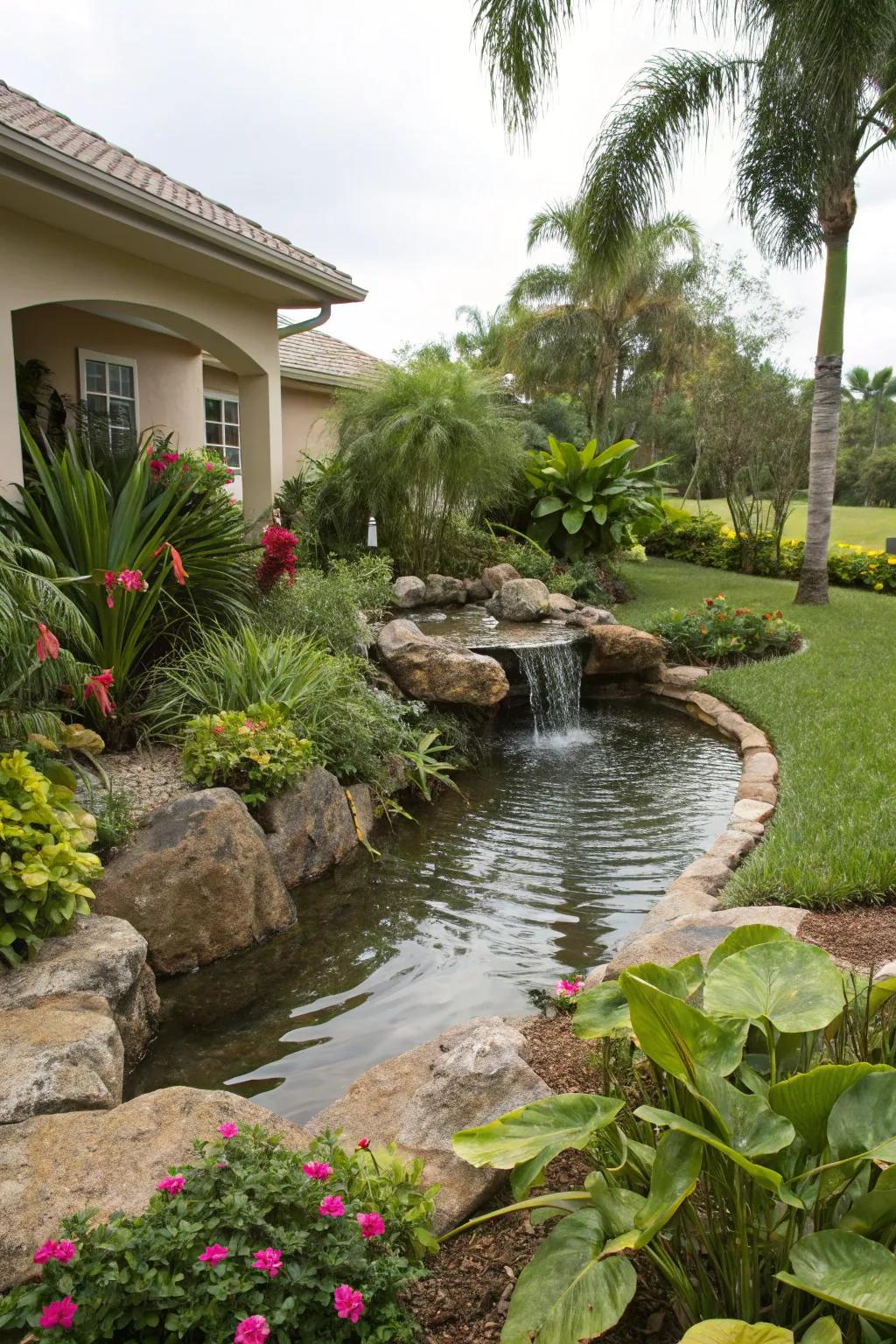 A tranquil water feature that adds a peaceful vibe to the yard.