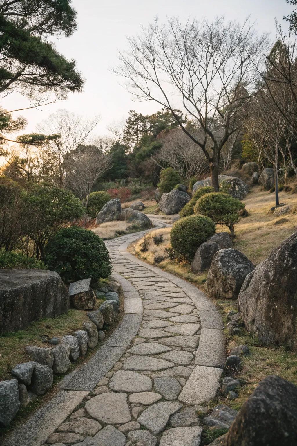 Stone pathways adding charm and definition to the garden.