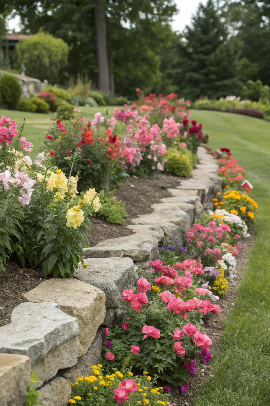 Rock borders define flower beds beautifully.