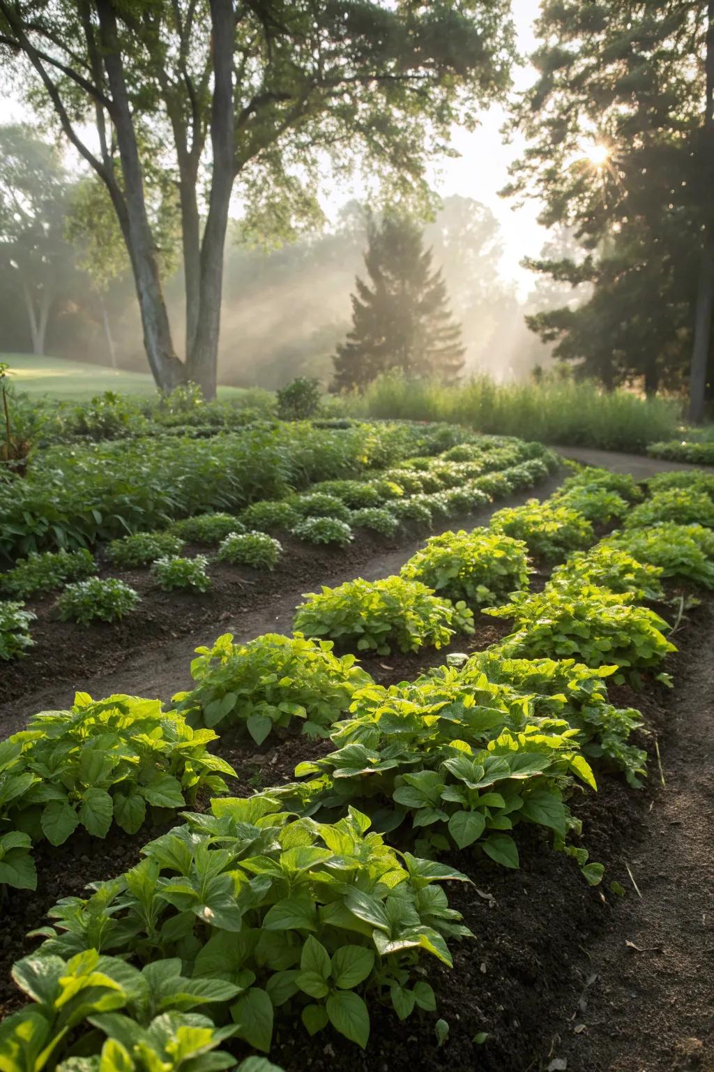 Ground cover plants create a lush, green base for this flower bed.