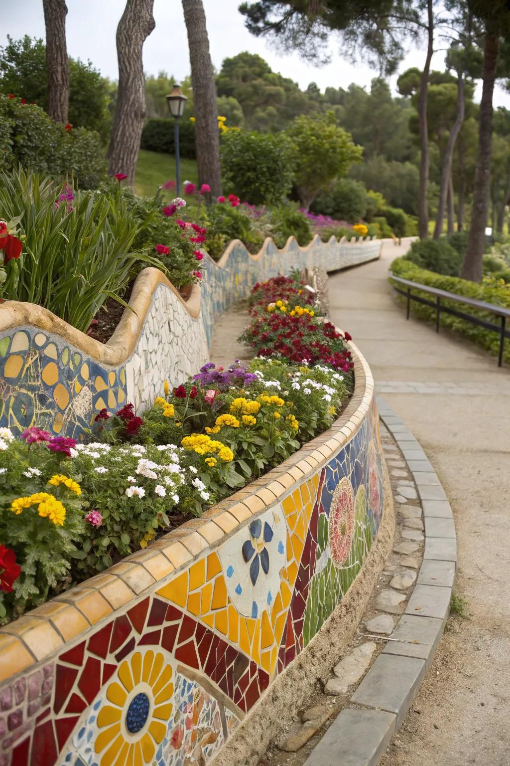 Mosaic walls add a unique and colorful touch to garden settings.