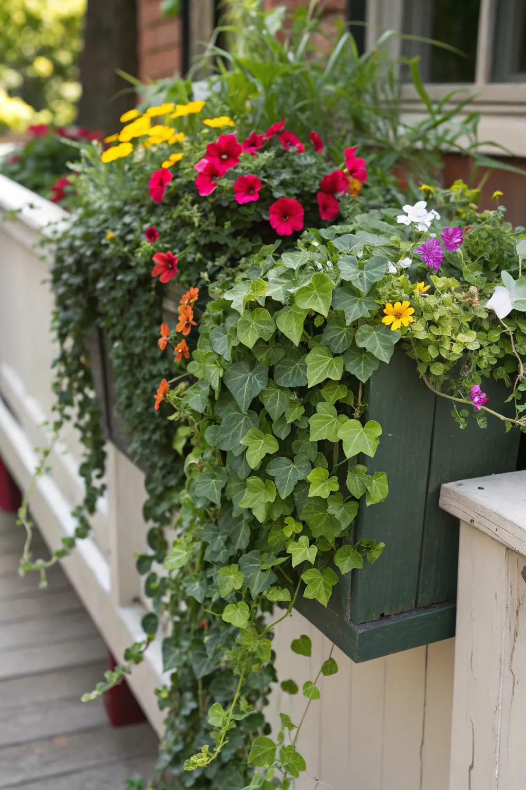 Trailing vines add a lush, whimsical touch to flower boxes.
