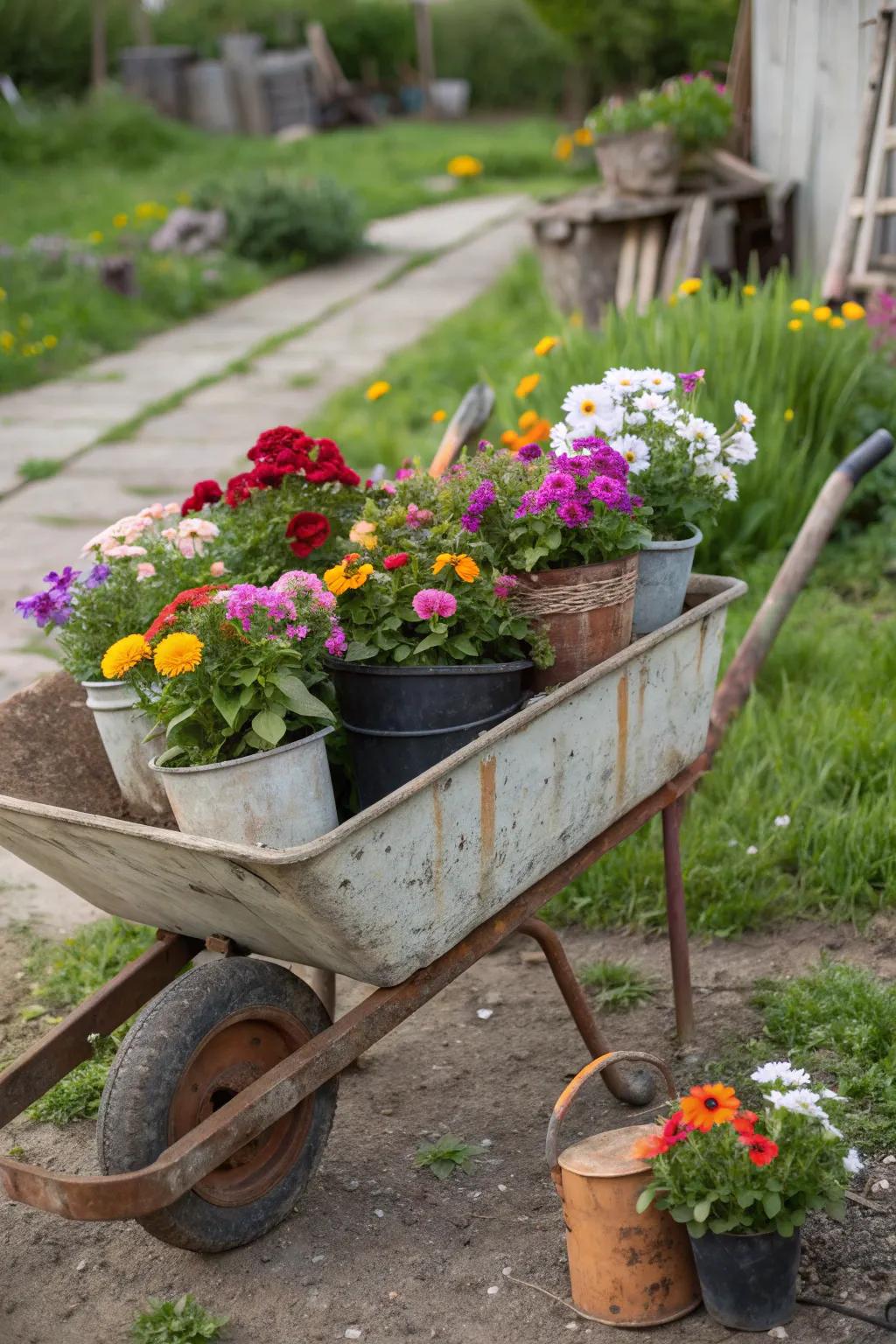 Rustic elements used creatively as planters.