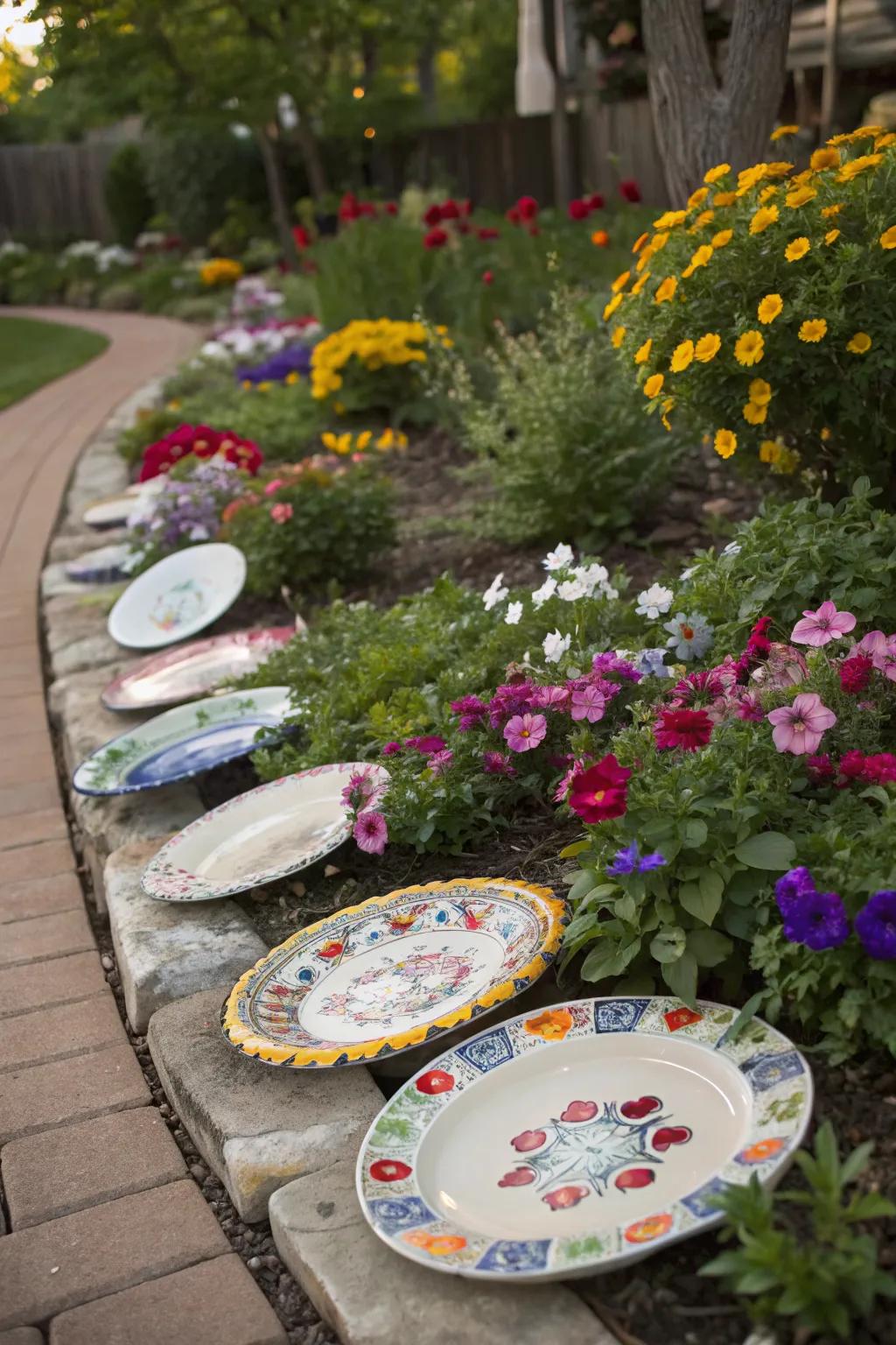 Decorative plates add a whimsical and artistic flair to garden edges.