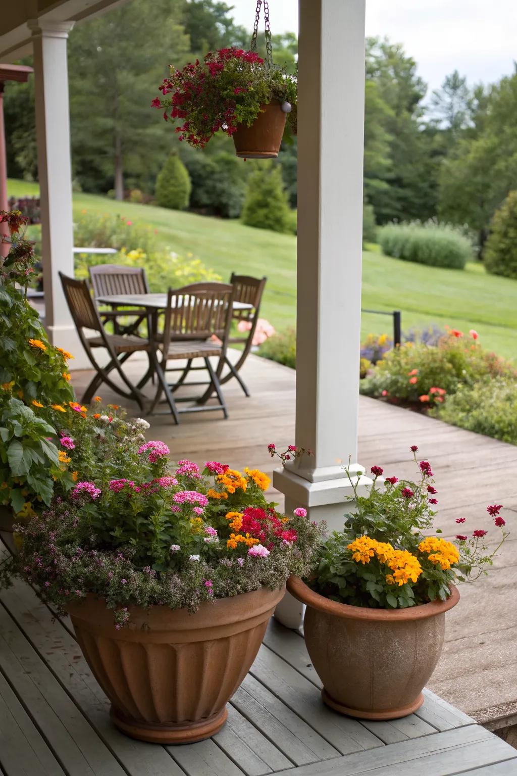 Create a cozy retreat with flower pots on your porch or patio.