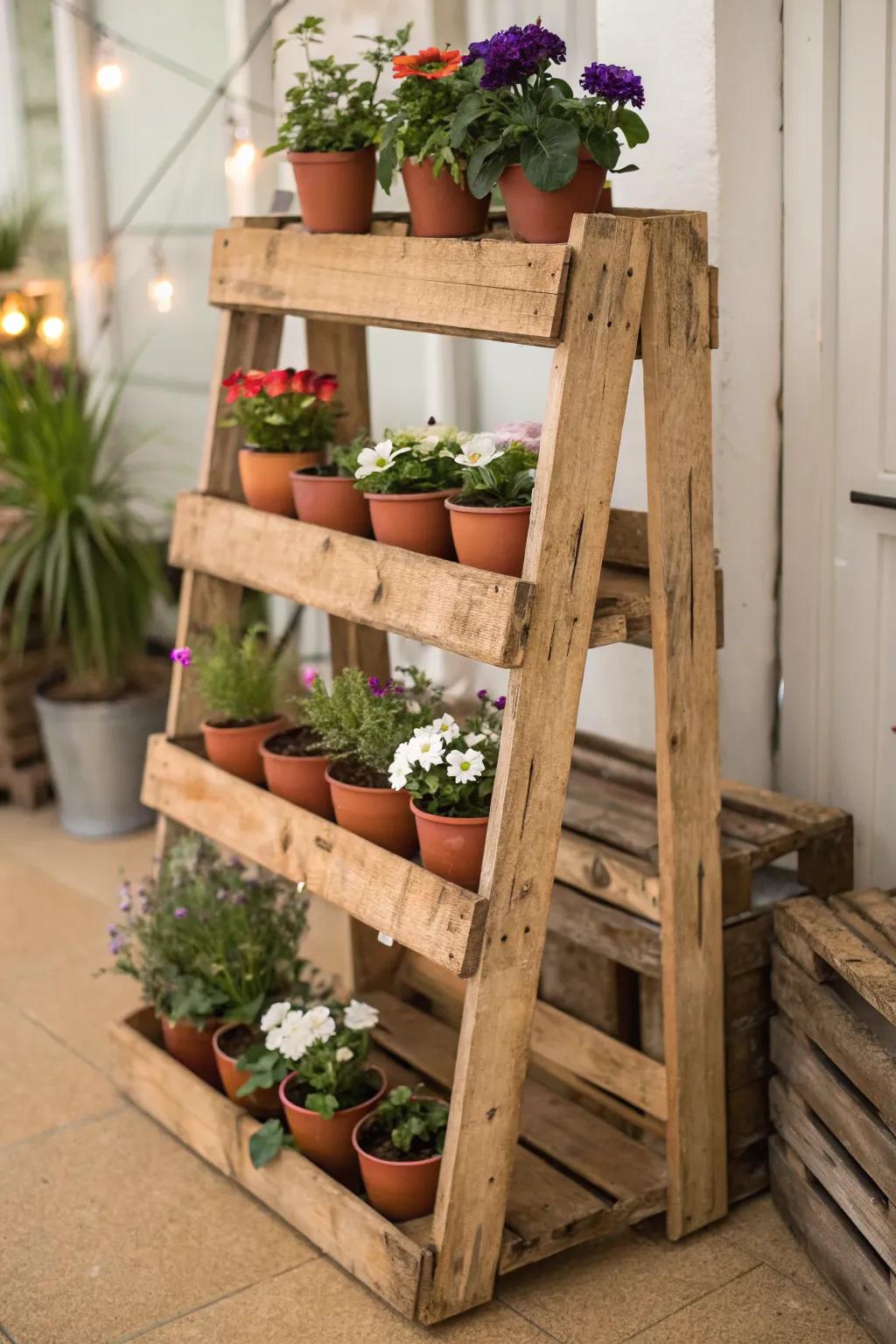 A creative and sustainable pallet flower stand.