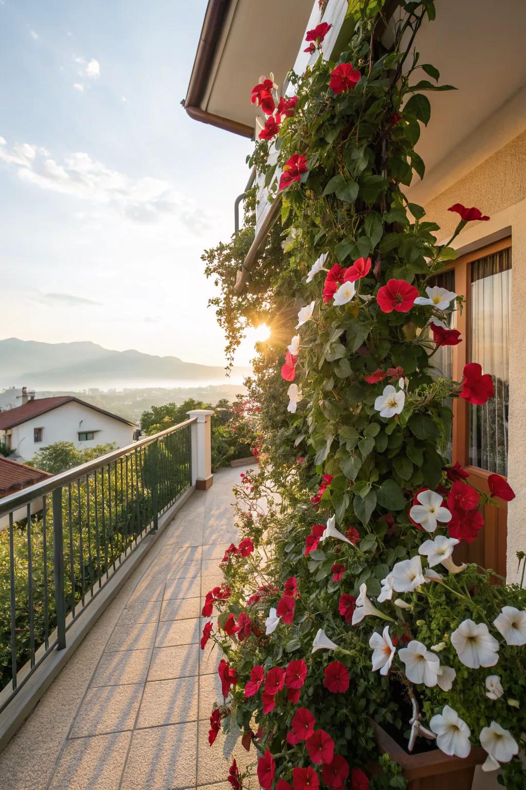 Mandevilla adds an exotic touch with its striking blooms.
