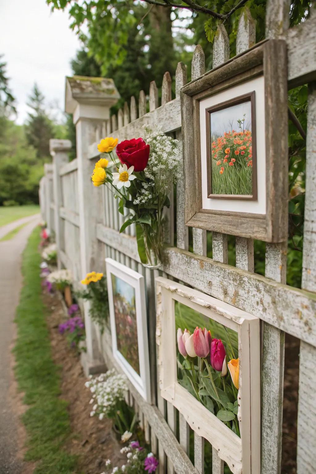 Picture frames on fences create an artistic and unique floral display.