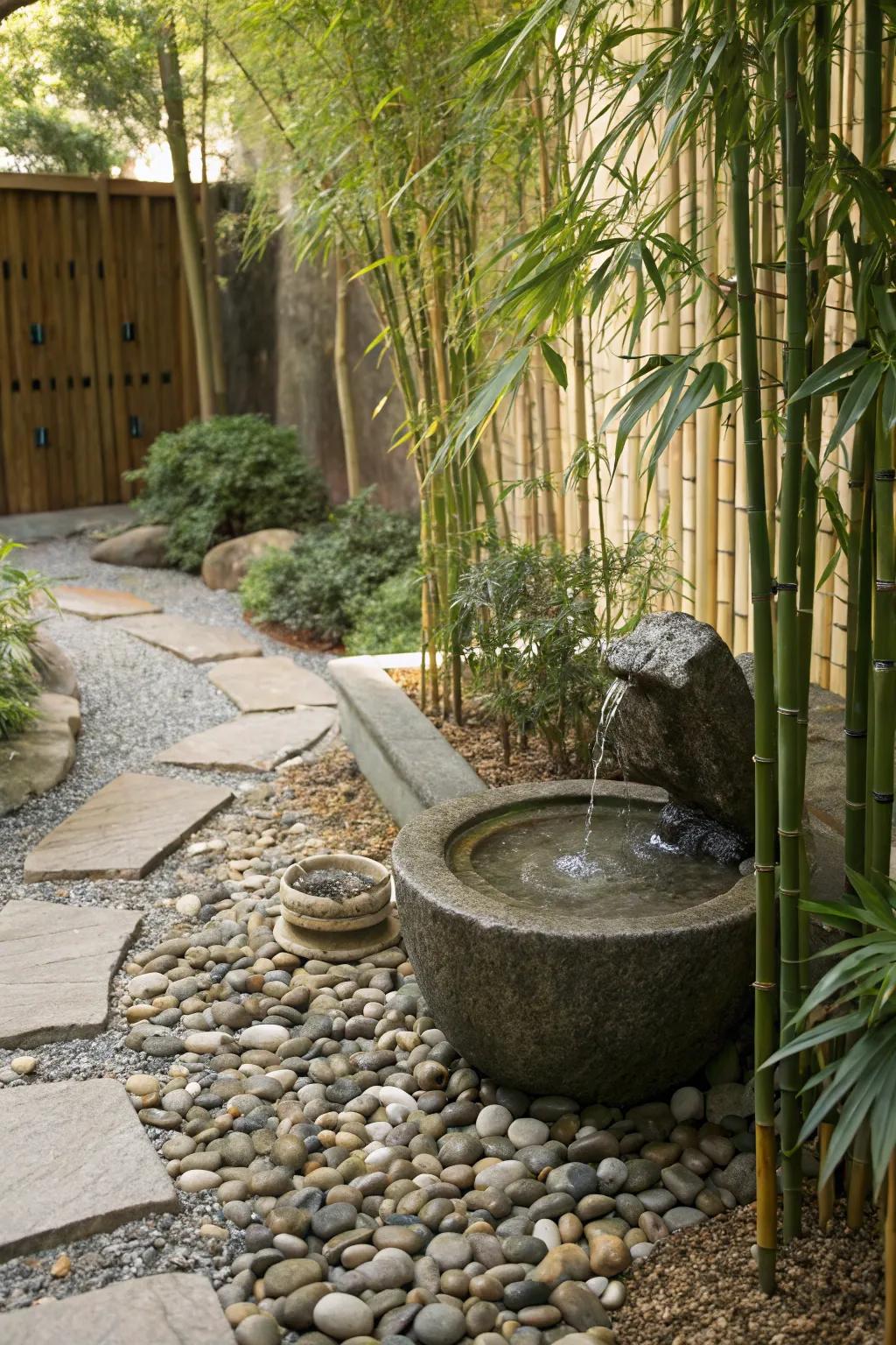 A Zen garden featuring a simple stone fountain and smooth pebbles.